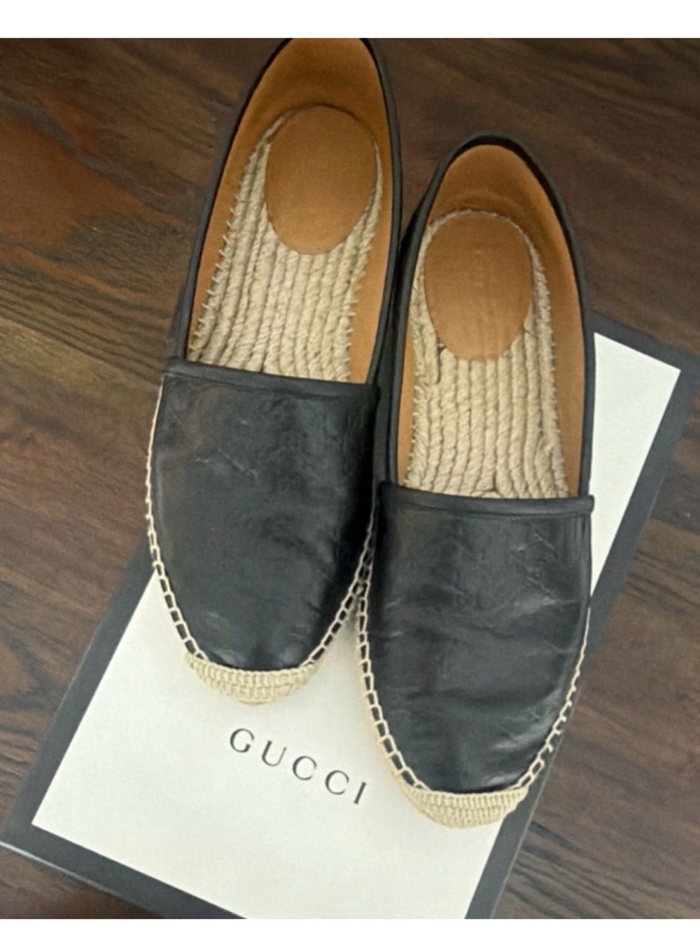 Gucci Black Leather Espadrille Slip-Ons with Jute Trim